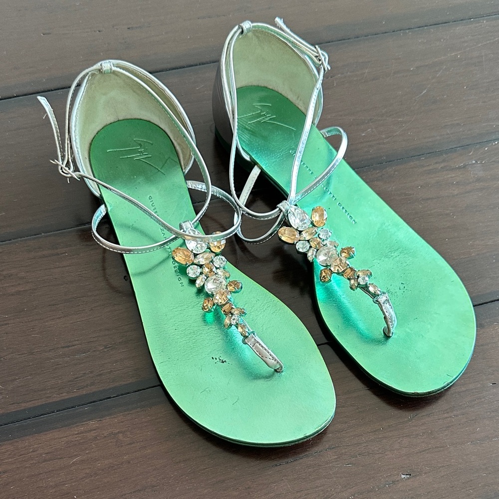 Giuseppe Zanotti Silver and gold Crystal Thong Sandals with emerald Footbed